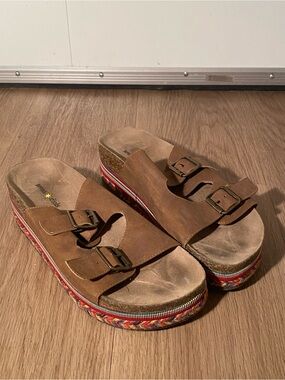 Seven Dials Brown Double-Buckle Platform Clogs with Multicolor Braided Trim